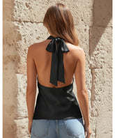 Comprar regata feminina de cetim frente única preto com decote drapeado e amarração nas costas para looks sofisticados e sociais barato ANELLIMN